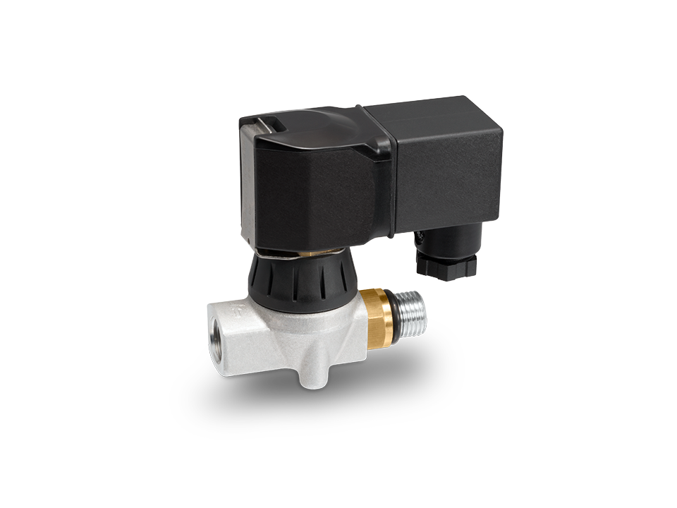 Pilot valve with brass housing and black electric actuator for precise control of pneumatic or hydraulic systems in industrial applications.