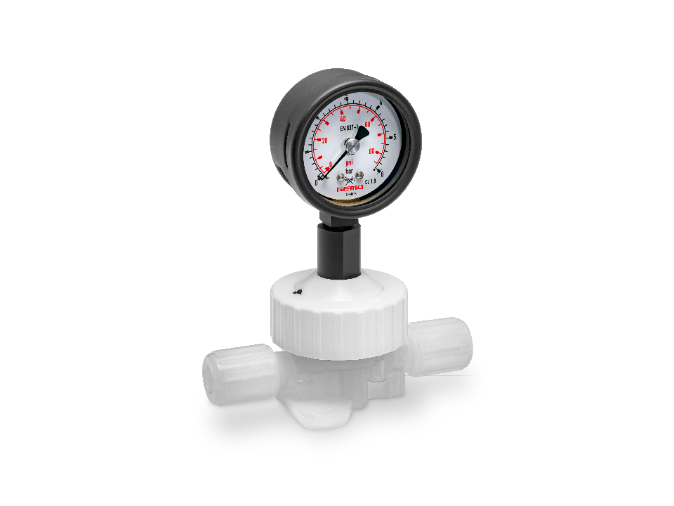 Mechanical GEMÜ pressure gauge with transparent plastic fitting for precise pressure measurement in pipelines – ideal for chemical and pharmaceutical processes.