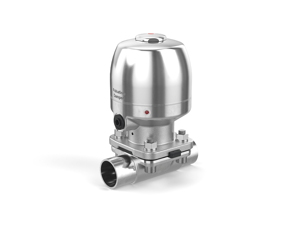 Stainless steel pulsation dampers with polished housing for reducing pressure fluctuations in industrial piping systems.