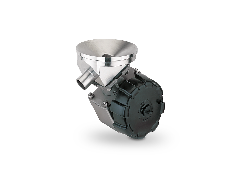 Manual GEMÜ diaphragm valve with stainless steel body and funnel-shaped inlet – ideal for powdery, granular or pasty media in industrial applications.