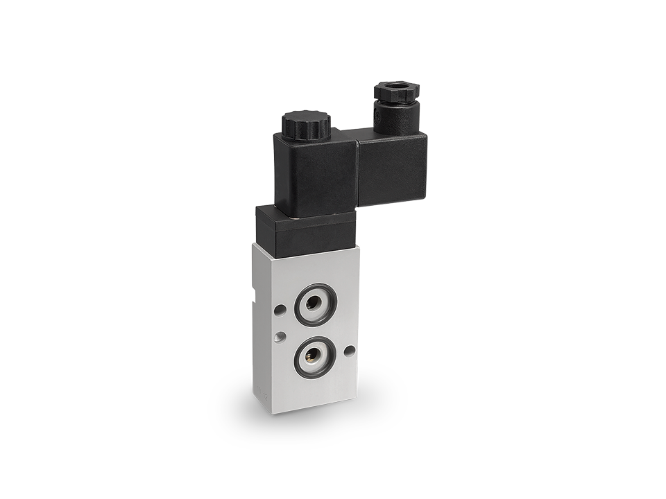 Pilot valve with metal housing, electric actuator, and pneumatic connections for precise control of industrial automation processes.