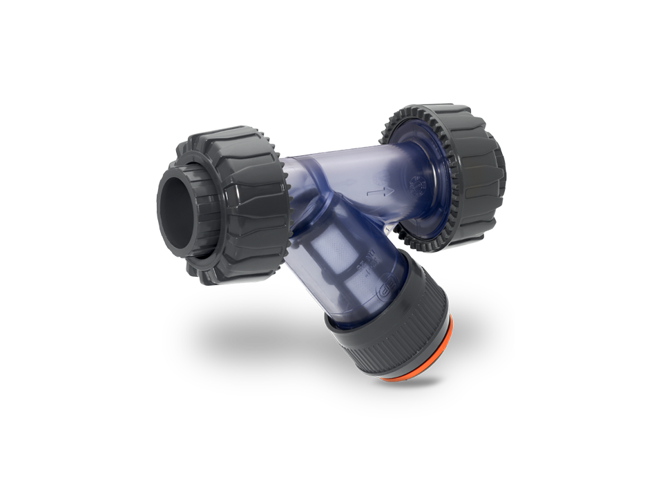 Y-shaped dirt trap made of transparent plastic with cap nuts for filtering solid particles in industrial applications.