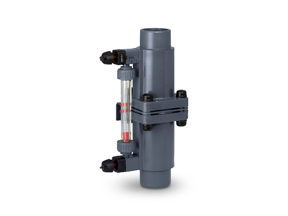 Flow meter with transparent float measuring tube and scale for flow control of liquids in plastic pipe systems.