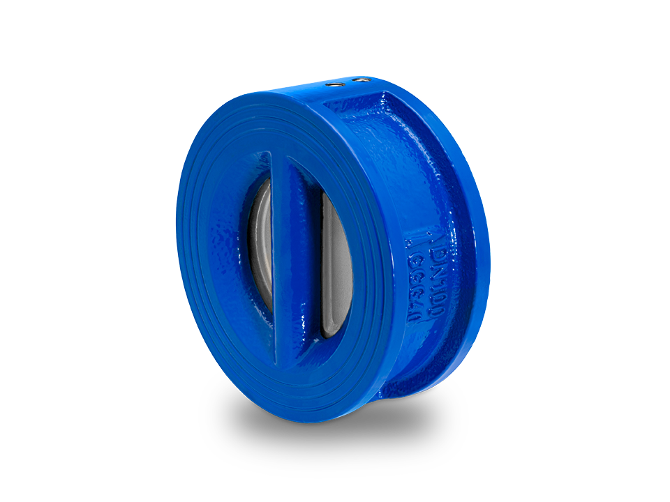 Double-leaf check valve made of blue cast iron with stainless steel flaps and central spring mechanism for industrial applications.