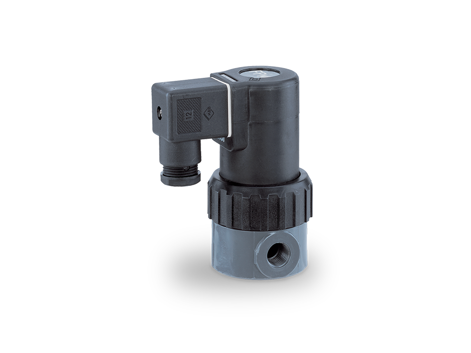 Electrically operated solenoid valve made of plastic with rectangular connection plug and threaded connection on the side – suitable for automated fluid control.