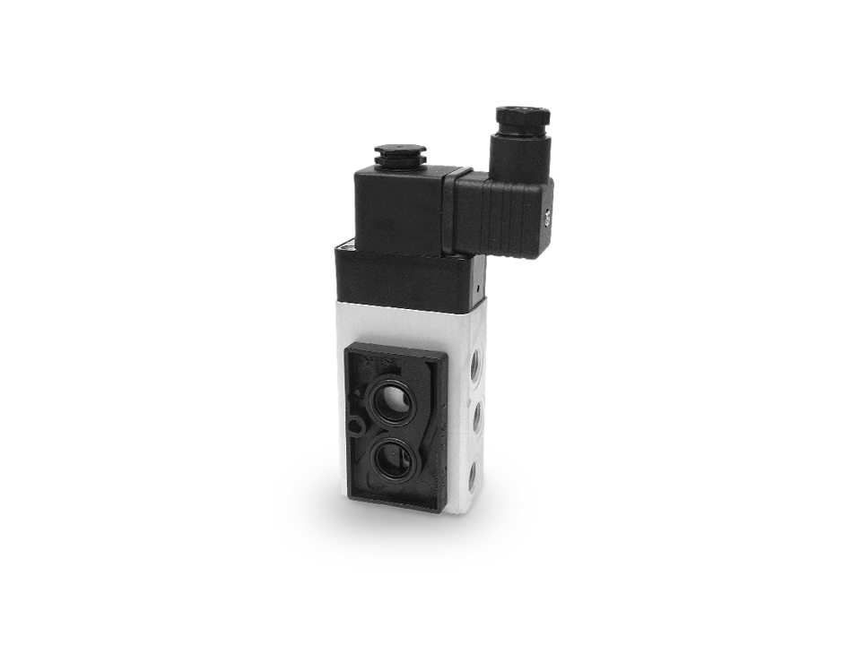 Compact pilot valve with electrical connection and multiple pneumatic connections for controlling industrial actuators.