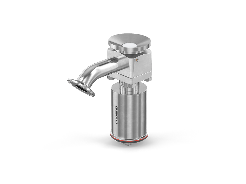 Hygienic container valve with pneumatic stainless steel actuator and curved outlet, suitable for sterile applications in the food and pharmaceutical industries.