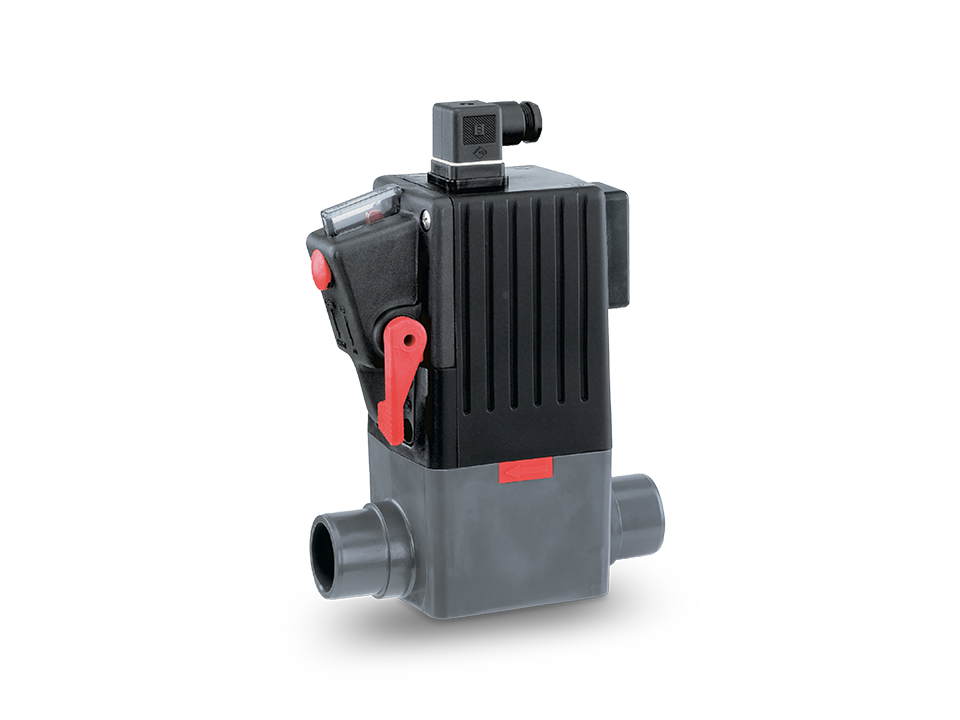 Electrically operated solenoid valve with horizontal pipe connections, red hand lever and sight glass – ideal for automated systems and precise media control.