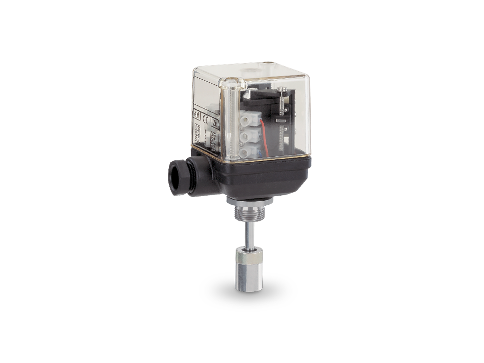 Position indicator with transparent cover, side cable connection, and actuating rod for precise valve monitoring in industrial applications.