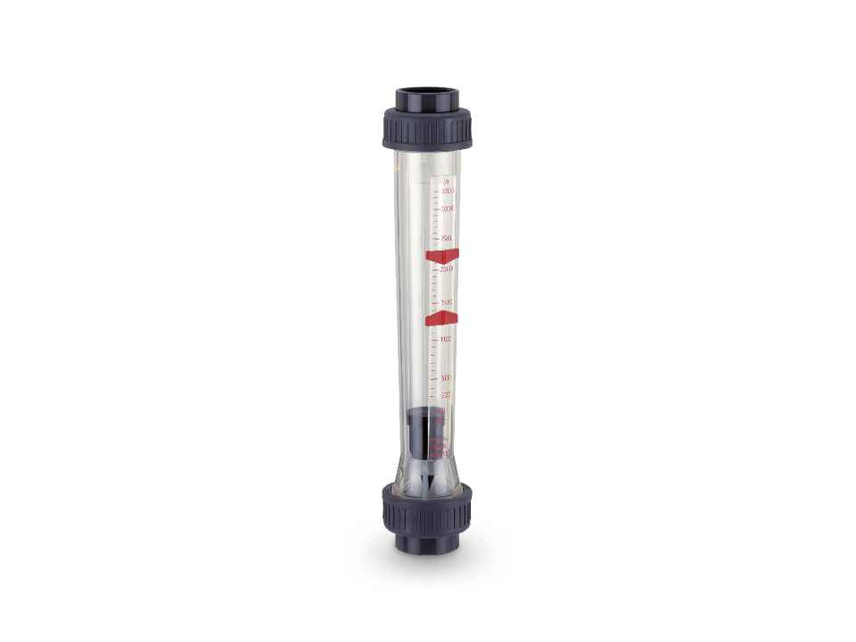 Transparent flow meter with scale and red float for precise measurement of the volume flow in industrial piping systems. Ideal for use with liquids and chemicals.