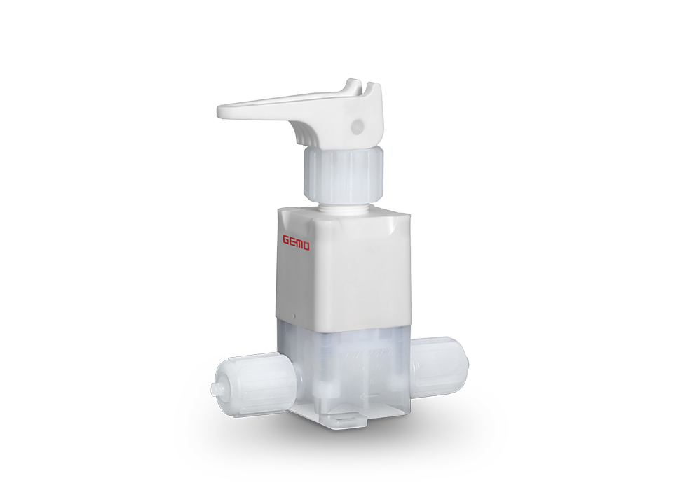 Manually operated diaphragm seat valve made of plastic with hand lever for high-purity applications in the semiconductor, chemical, and water treatment industries.