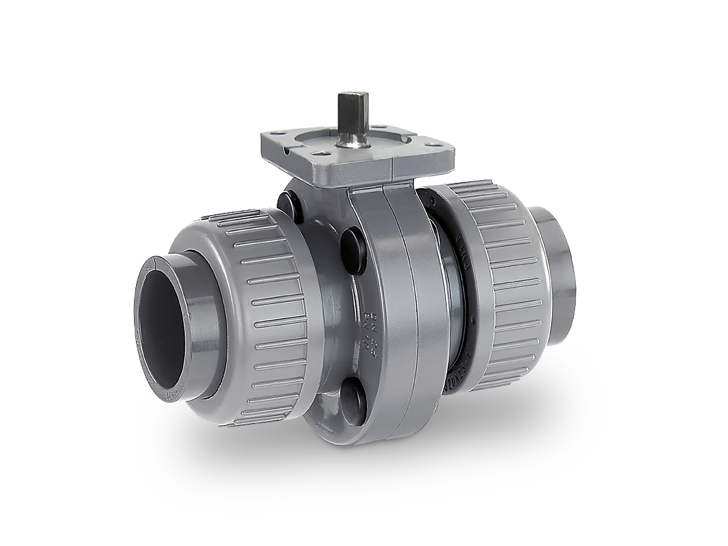 Gray type K410 shut-off valve made of plastic with cap nuts.