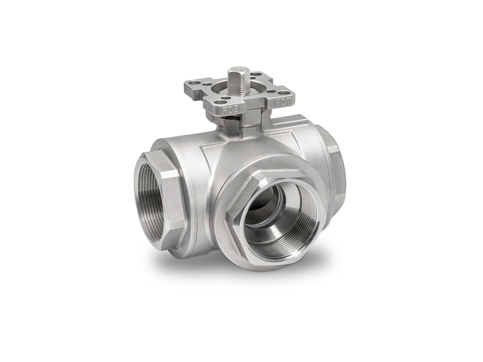 Three-way ball valve made of stainless steel with female thread connection and mounting plate – ideal for the chemical, pharmaceutical, and food industries.