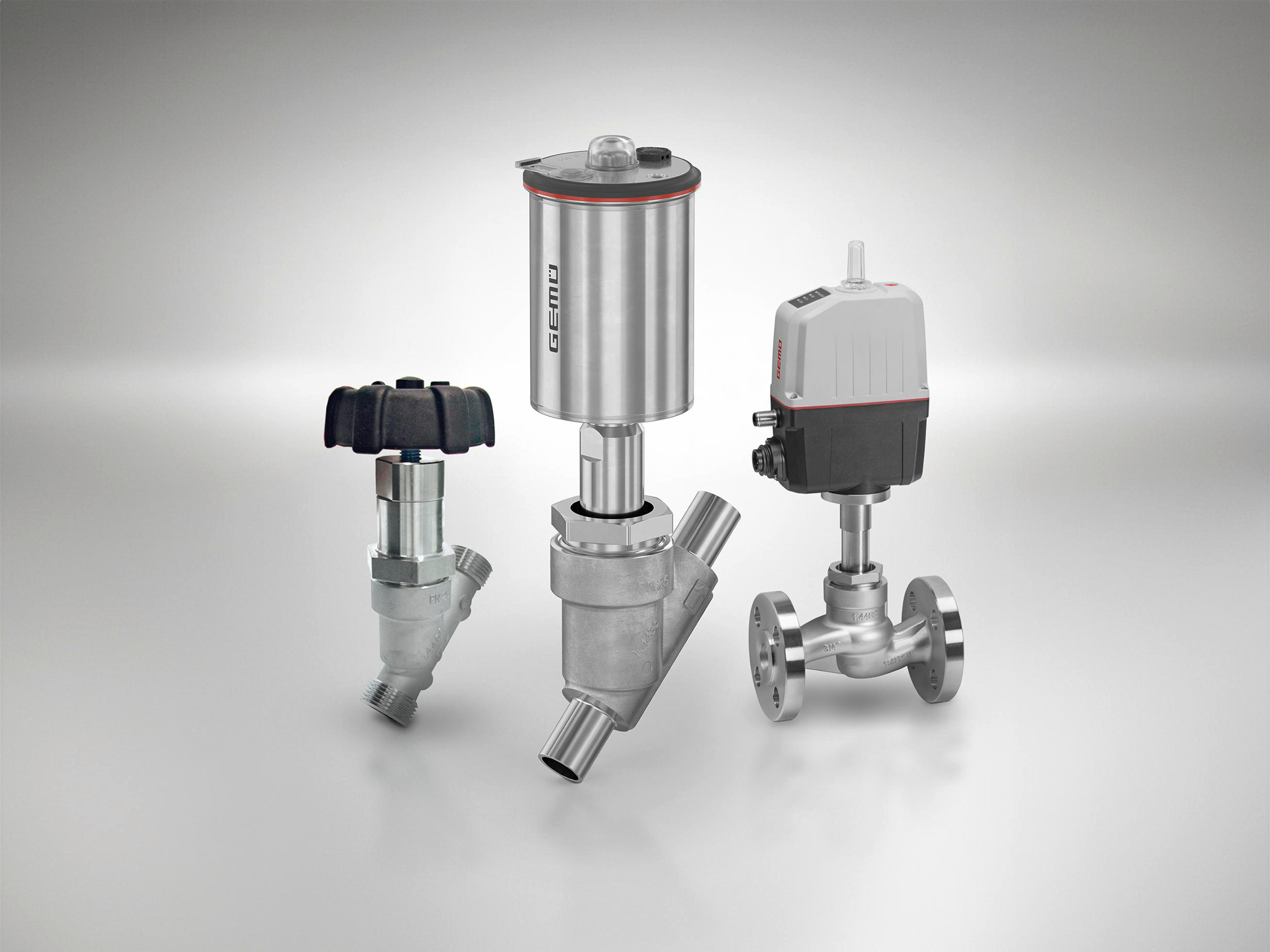 Three GEMÜ globe valves in manual and automatic versions.