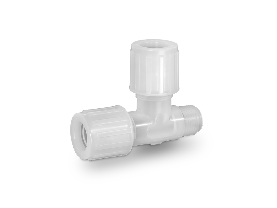 PFA-T-Stück-Fitting mit zwei Klemmanschlüssen und einem Außengewinde für sichere Rohrverbindungen in Chemie- und Halbleiteranwendungen.
