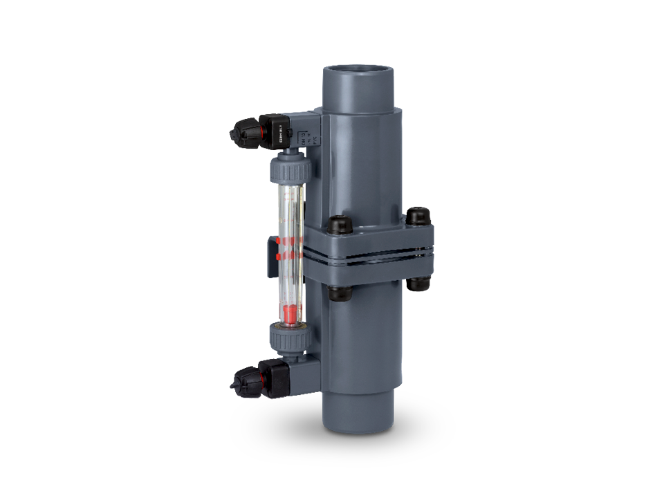 Flow meter with transparent float measuring tube and scale for flow control of liquids in plastic pipe systems.