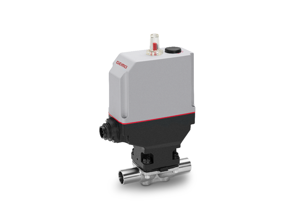 Electrically operated diaphragm valve made of stainless steel with welded ends for sterile processes in the food, pharmaceutical, and chemical industries.