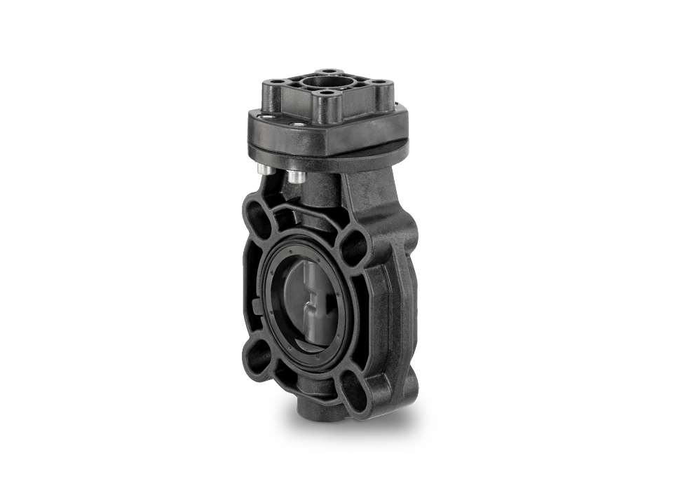 Plastic butterfly valve with standard shaft connection and flange connection – ideal for water treatment, chemical, and industrial applications.