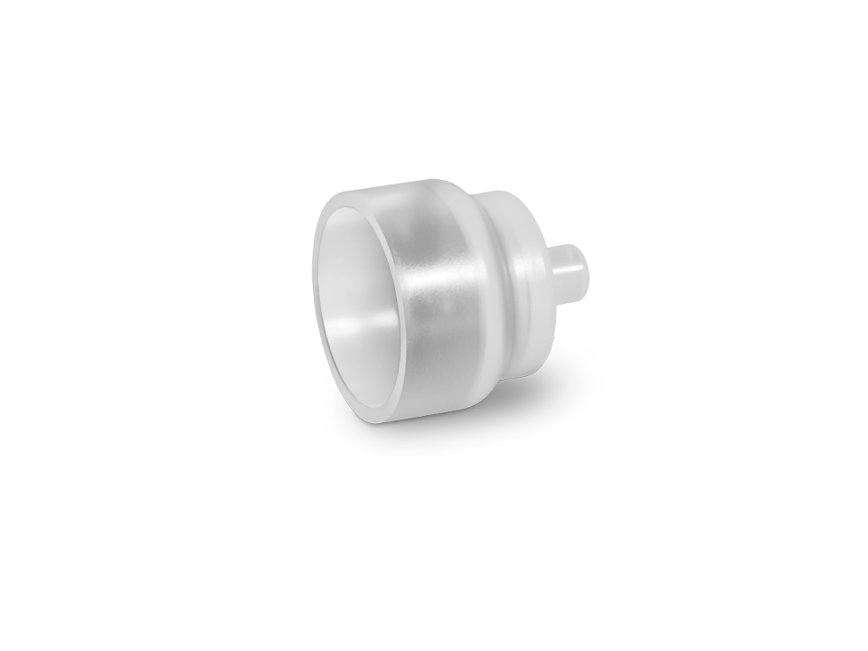 Trichterförmiges Kunststoff-Fitting mit glatter Oberfläche und Anschlusszapfen für sterile Medienführungen in der Pharma- und Biotechnologie.