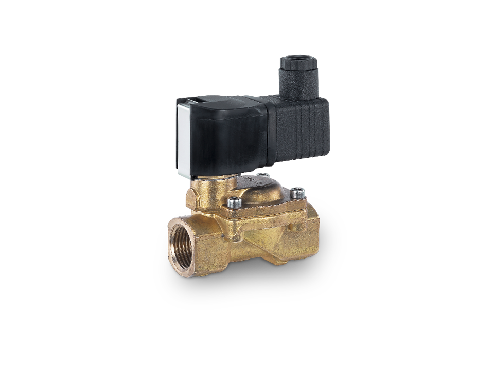 Electromagnetically operated brass solenoid valve with black coil and threaded connections for industrial fluid technology.