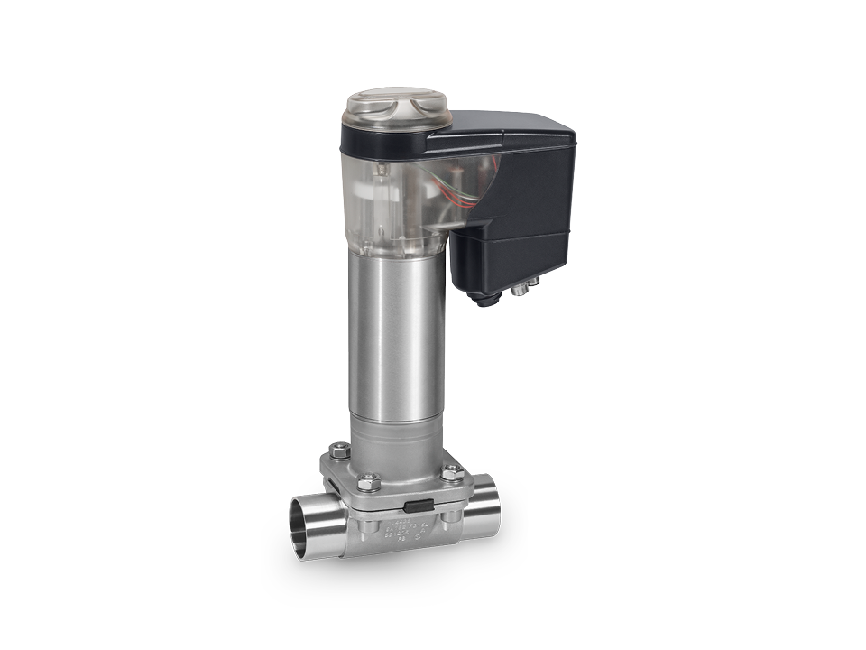 Electrically operated diaphragm valve made of stainless steel with welded ends and integrated control – ideal for the pharmaceutical, biotechnology, and food industries.