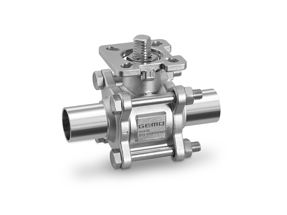 Stainless steel ball valve with weld ends and mounting plate – ideal for the chemical, pharmaceutical, and food industries.