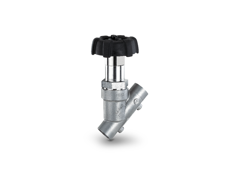 Manual seat valve with stainless steel body and black handwheel, Y-shaped for optimized flow control in industrial piping systems.