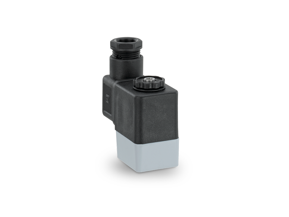 Compact pilot valve with electrical connection and robust housing for controlling industrial drives.