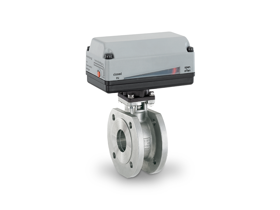 Electrically operated compact stainless steel ball valve with flange connection and status indicator – ideal for the chemical, pharmaceutical, and food industries.