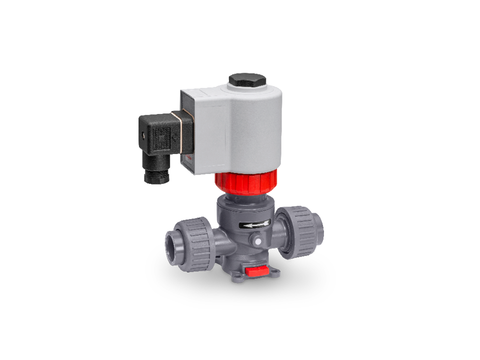 Electrically operated solenoid valve made of plastic with side pipe connections, red control element, and standard plug – ideal for precise control of liquids in automated systems.