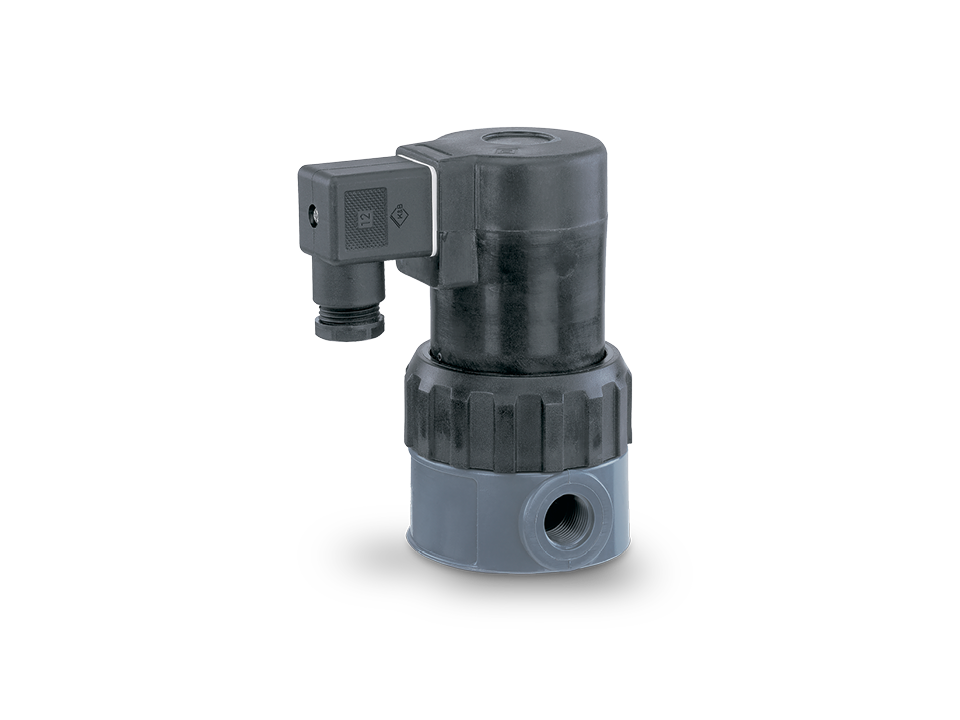 Electrically operated solenoid valve made of plastic with plug connection and threaded connection on the side – ideal for precise control in industrial fluid systems.