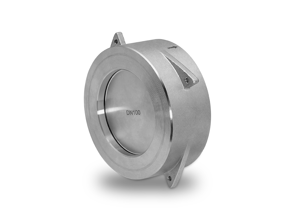 Stainless steel check valve with central flap and mounting lugs for reliable backflow prevention in industrial piping systems.