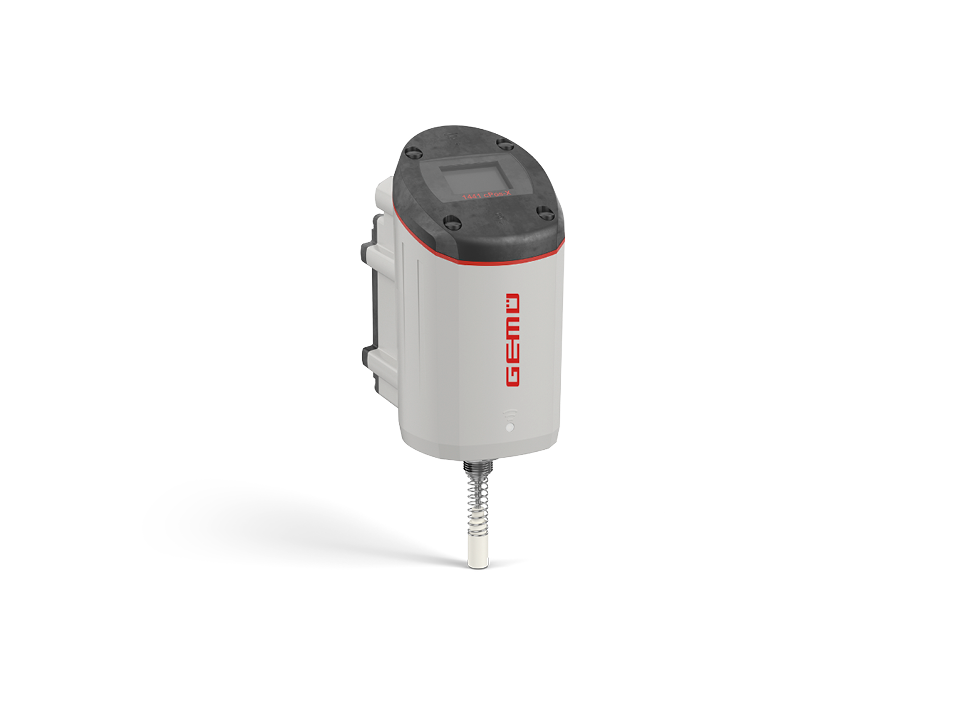 GEMÜ position and process controller with display, red logo and actuating spindle for precise valve control in industrial automation systems.