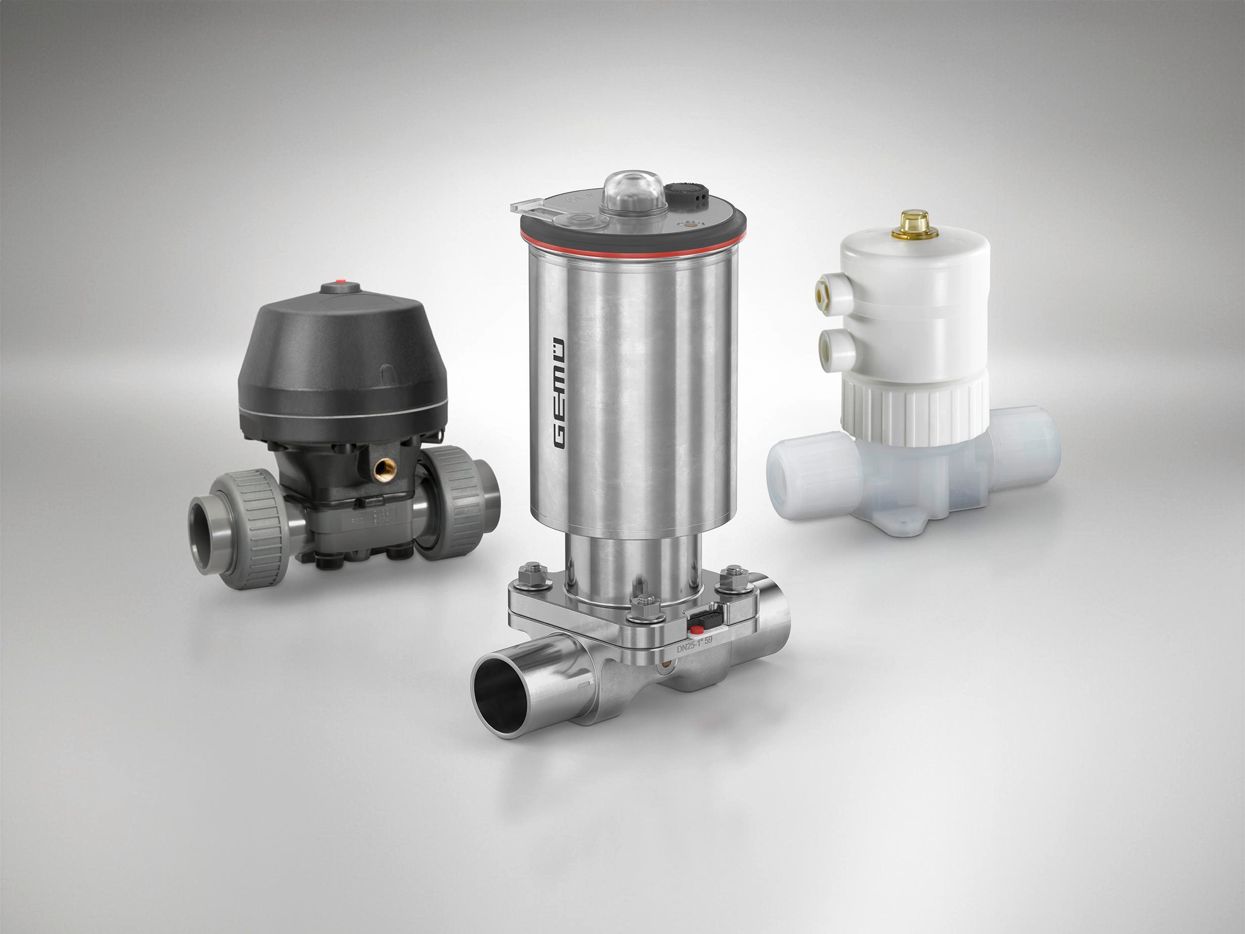 Three different GEMÜ diaphragm valves for industrial applications.
